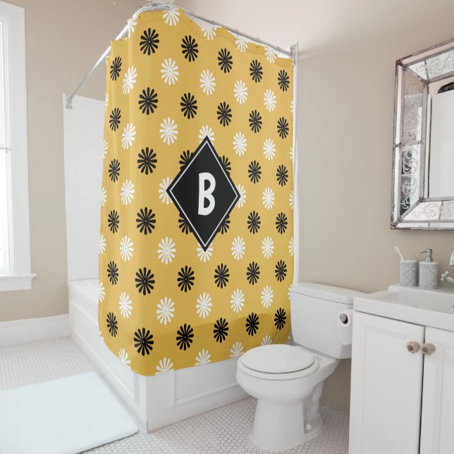 Geometric Yellow Black White Floral Monogrammed Shower Curtain (In Situ)