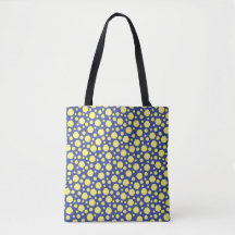 Geometric yellow circles on blue tote bag