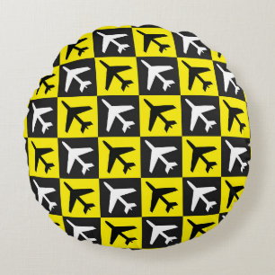 Geometric Yellow Flying Jets Aeroplane Round Cushion