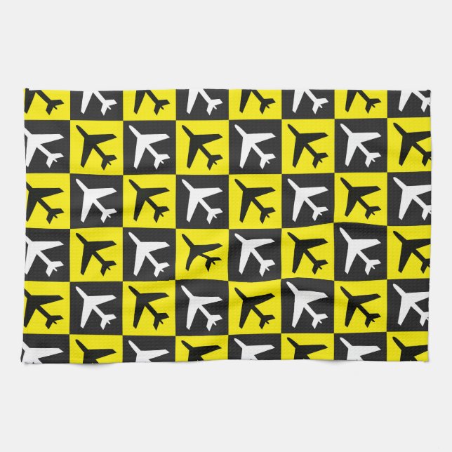 Geometric Yellow Flying Jets Aeroplane Tea Towel (Horizontal)