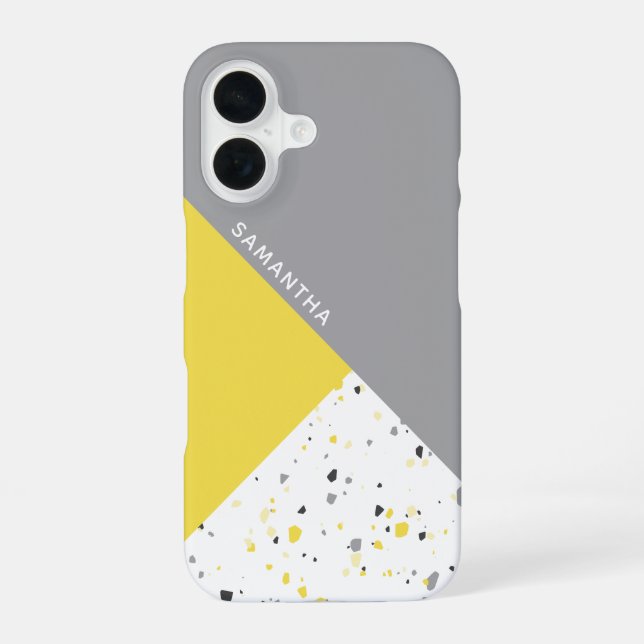 Geometric Yellow Grey Terrazzo Pattern with Name iPhone 16 Case (Back)