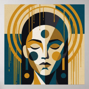 Geometric Zen Portrait in Teal and Ochre Poster