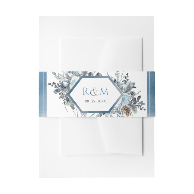 Geometrical Blue Floral with Wedding Initials Invitation Belly Band (Front Example)