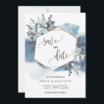 Geometrical Blue Watercolor and Blue Foliage Save The Date<br><div class="desc">Elegant and Unique geometrical Wedding (or other event) Save the Date with delicate blue watercolor wash on the background, exquisite floral bouquets encasing geometrical golden frame and use of modern hand written calligraphy. Foliage and flowers in dusty blue, navy blue, white, grey and sage tones. Back in blue watercolor wash....</div>