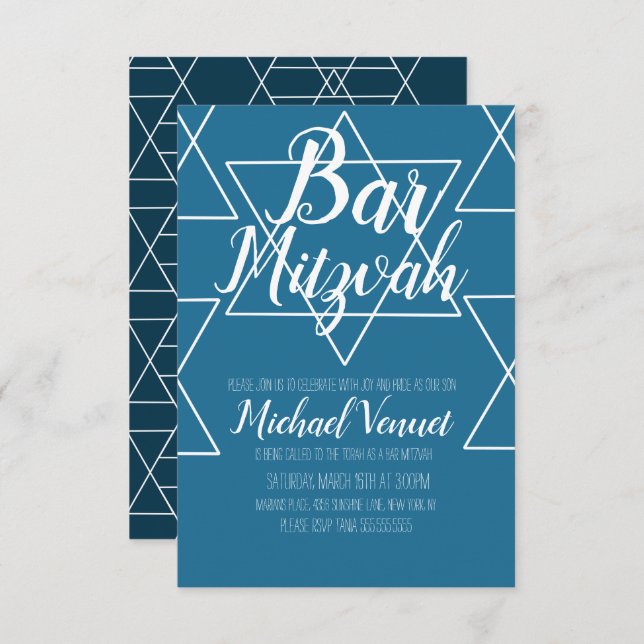 Geometrical Blue White Bar Mitzvah Invitation (Front/Back)