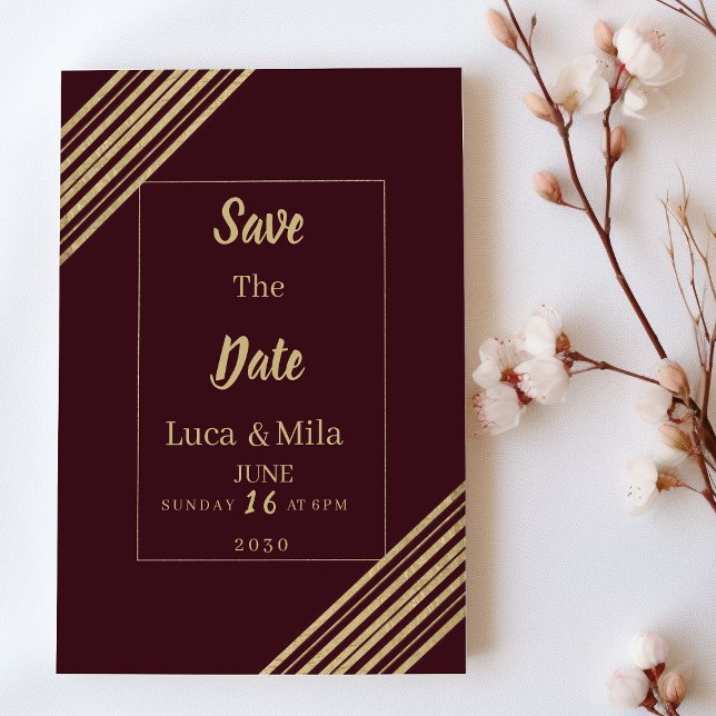 Geometrical burgundy gold typo Save the Date Invitation (Geometrical burgundy gold typo Save the Date)