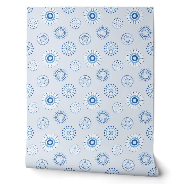 geometrical circular patterns in delicate blue wallpaper (Unrolling)