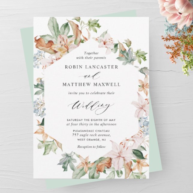 Geometrical Earthy Blooms in Sage Green Wedding Invitation (Creator Uploaded)