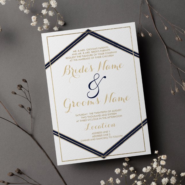 Geometrical navy blue gold white Wedding Invitation (Geometrical navy blue gold white Wedding)