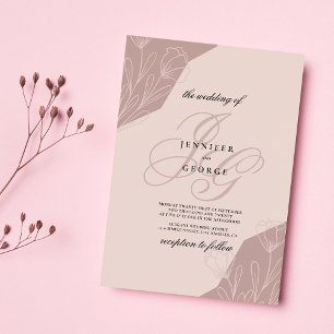 Geometrical pink monogram initials floral wedding invitation
