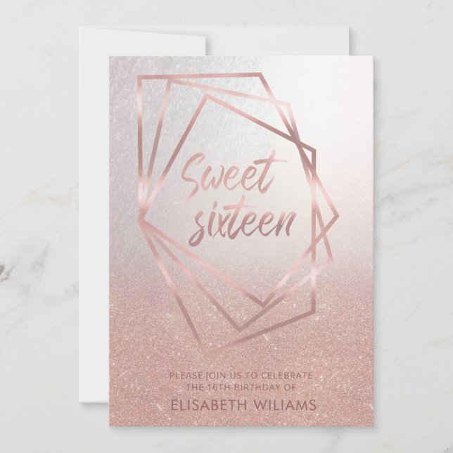 Geometrical Rose gold glittery ombre Invitation (Front)