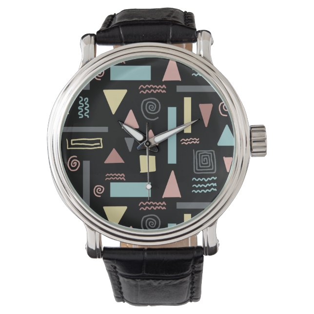 Geometrical shapes black pattern watch (Front)