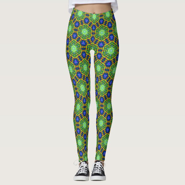 Geometry Blue Green Hexagon Vision Leggings (Front)