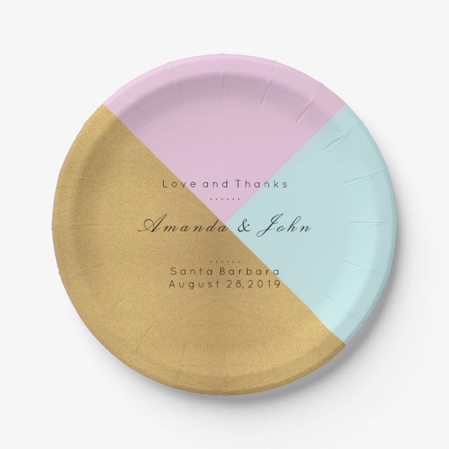 Geometry Personalized Tiffany Pink Gold Wedding Paper Plate (Front)