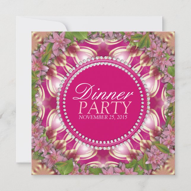 Geometry Pink Lilys Garden Dinner Party Invitation (Front)