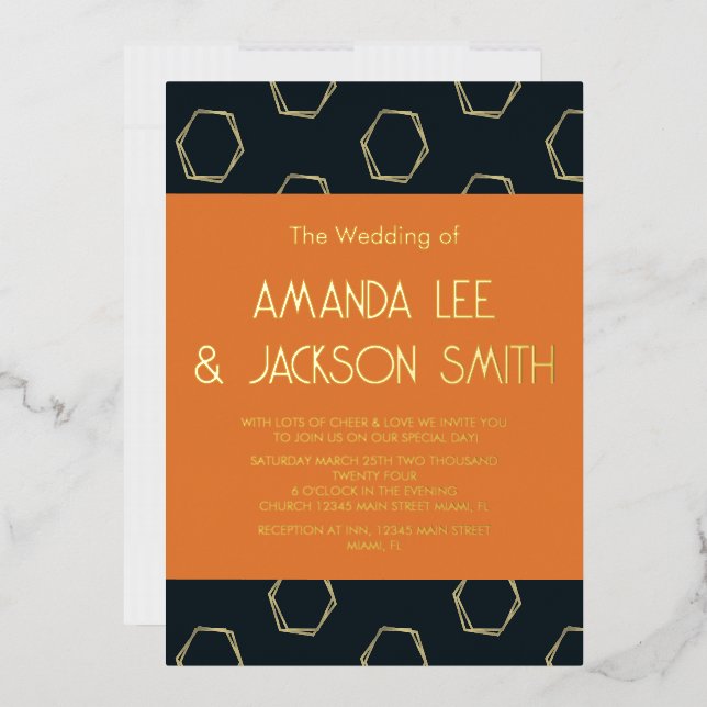 Geometry Play Dark Navy and Orange Wedding Foil In (Envelope)