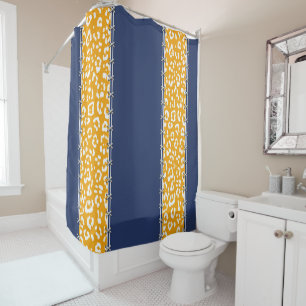 Geopard, navy blue, white, mustard yellow,stitched shower curtain