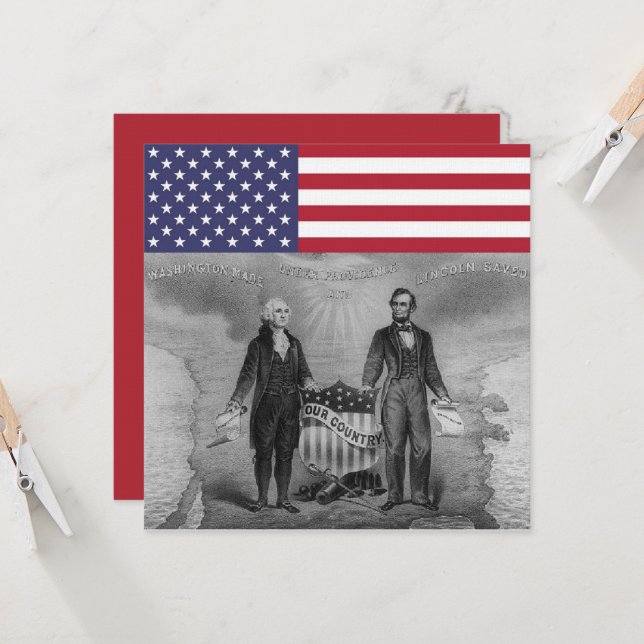 George Washington Abraham Lincoln American Flag Card (Front/Back In Situ)