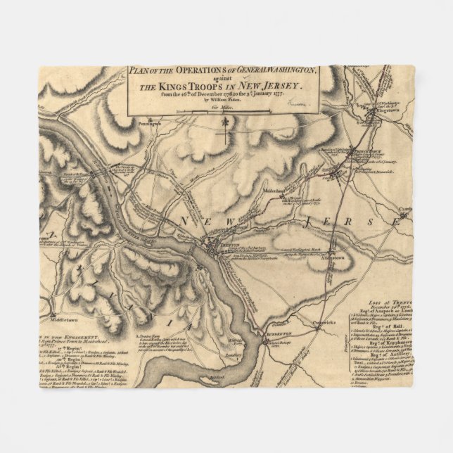 George Washington Trenton NJ Battlefield Map 1777 Fleece Blanket (Front (Horizontal))