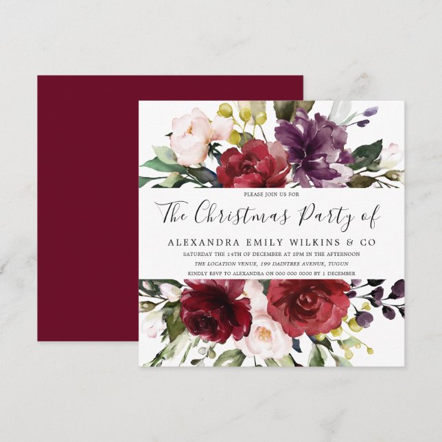 Georgeous Watercolor Floral Office Christmas Party Invitation (Front/Back)