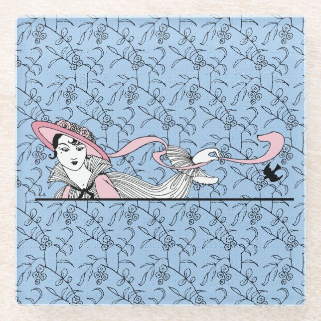 Georges Barbier 1920s Fashion Lady and Bird Glass Coaster (Front)