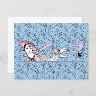 Georges Barbier 1920s Fashion Lady and Bird Postcard