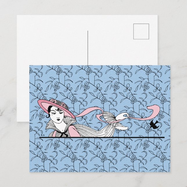 Georges Barbier 1920s Fashion Lady and Bird Postcard (Front/Back)