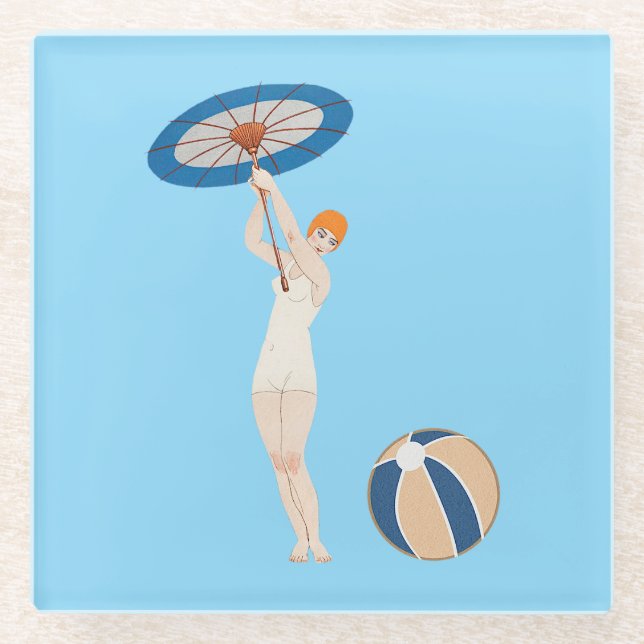 Georges Barbier Au Lido 1924 Fashion Illustration Glass Coaster (Front)