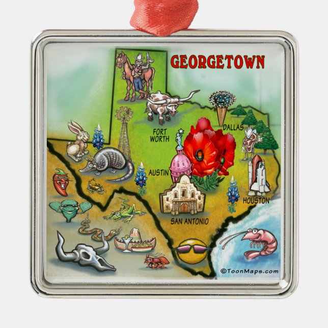 Georgetown Texas Cartoon Map Metal Tree Decoration (Front)