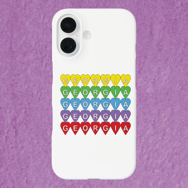 Georgia Colourful Hearts Case-Mate iPhone Case (A phone case that says Georgia in yellow, green, blue, purple and red hearts.)