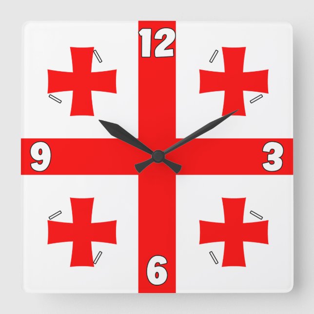 Georgia Flag Numbers Red White Cross Square Wall Clock (Front)