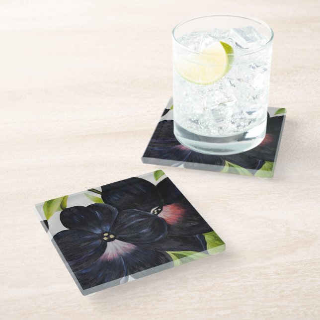 Georgia O'Keefe 1925 Black and Purple Petunias Glass Coaster (Angled)