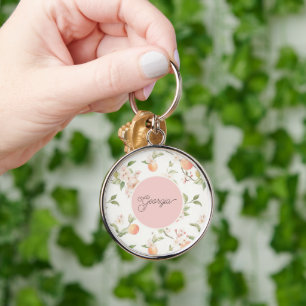 Georgia Peach Heart Fruit Floral Pink Circle Key Ring