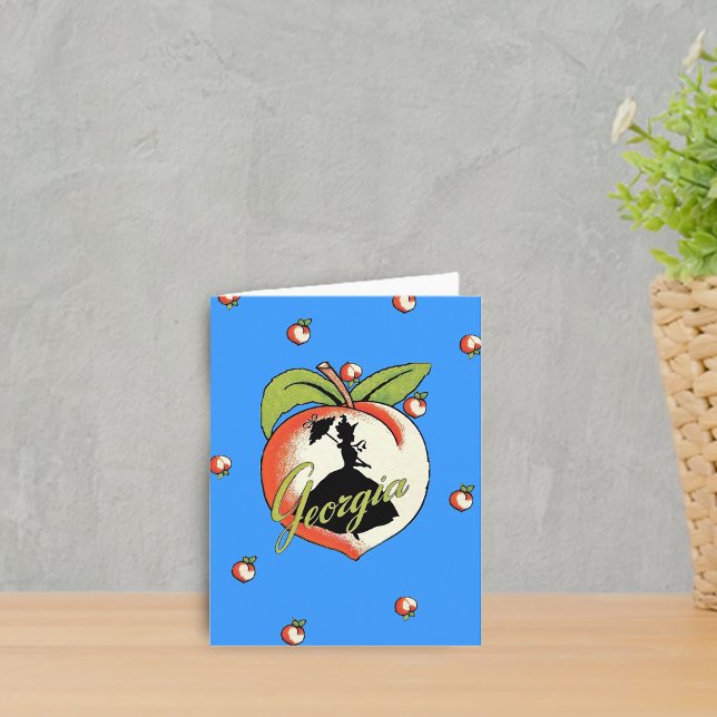Georgia Peach Note Card (Silhouette Southern Belle hoop skirt on big Georgia peach on vibrant blue notecards.)