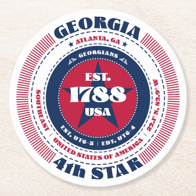 Georgia Red White Blue Typography Round Paper Coaster (Front)