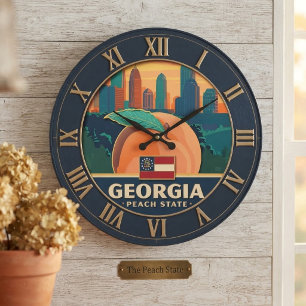 Georgia Skyline Peach and State Flag Large Clock