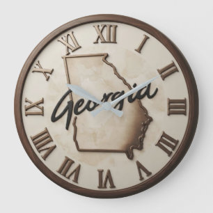 Georgia State Outline Script Typography Wood Rim Large Clock