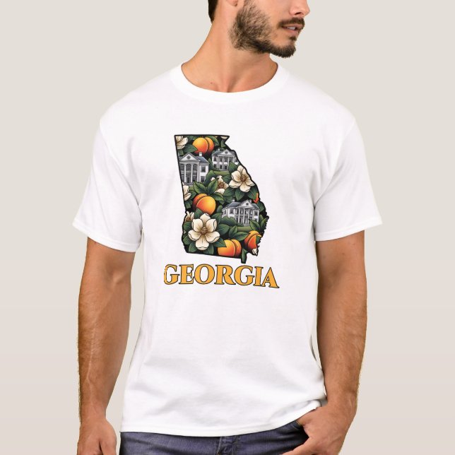 Georgia State Outline with Peaches tattoo style T-Shirt (Front)
