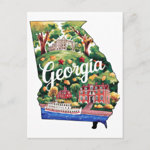 Georgia USA State Shaped Vintage Watercolor Postcard