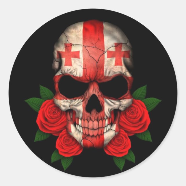 Georgian Flag Skull with Red Roses Classic Round Sticker (Front)