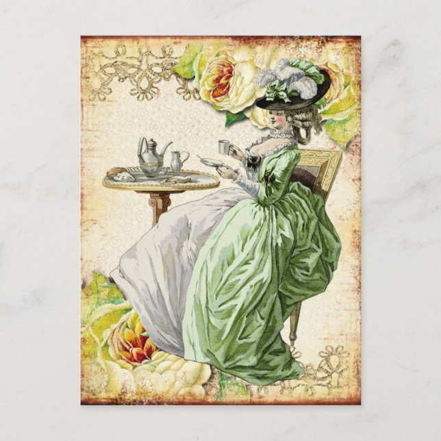Georgian Lady Drinking Tea - Green Postcard (Front)