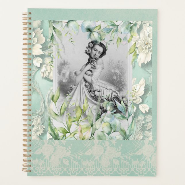 Georgian lady in Sea Moss Green and leaves. Planner (Front)