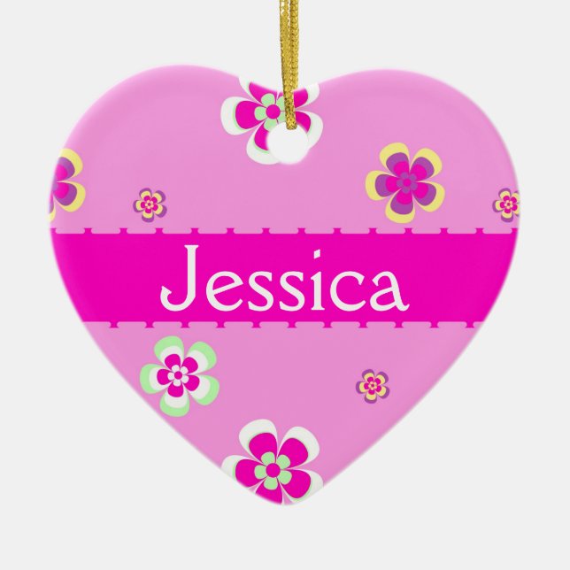 Gepersonaliseerde bloemen patroon met naam ceramic tree decoration (Front)