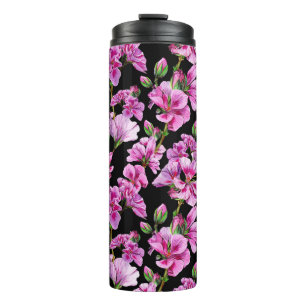 Geranium branches, watercolor pink buds. thermal tumbler