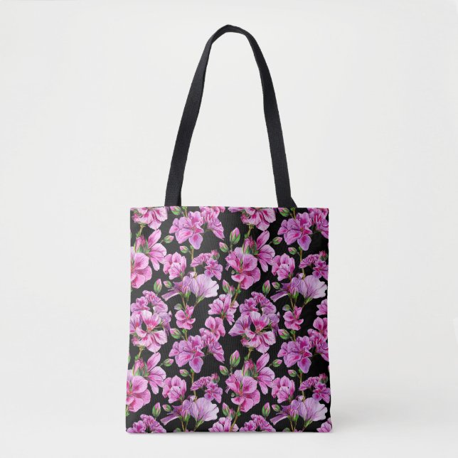 Geranium branches, watercolor pink buds. tote bag (Front)