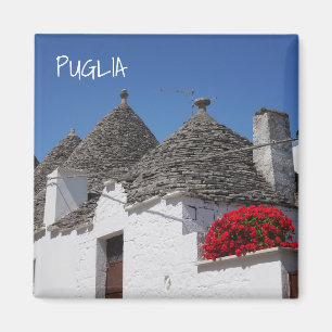 Geranium flowers and trulli houses in Alberobello Magnet