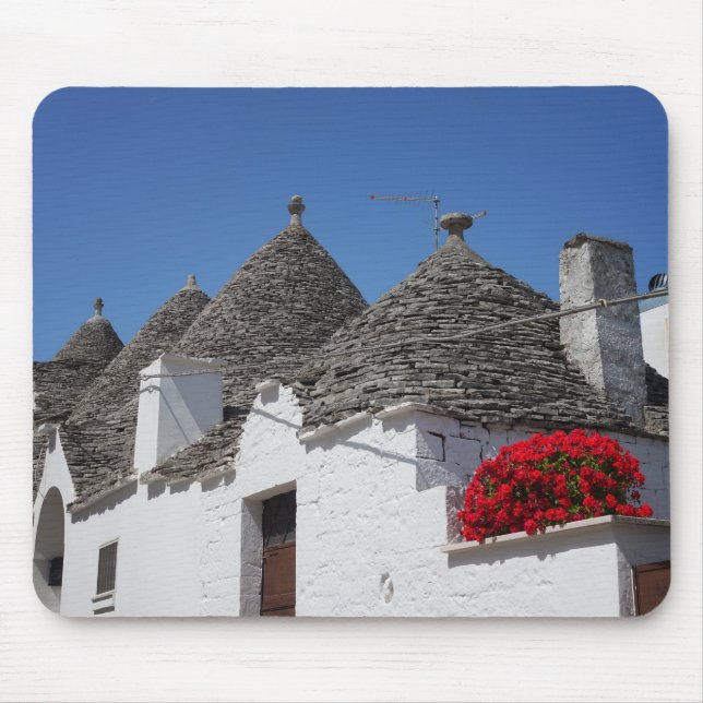 Geranium flowers and trulli houses in Alberobello Mouse Mat (Front)