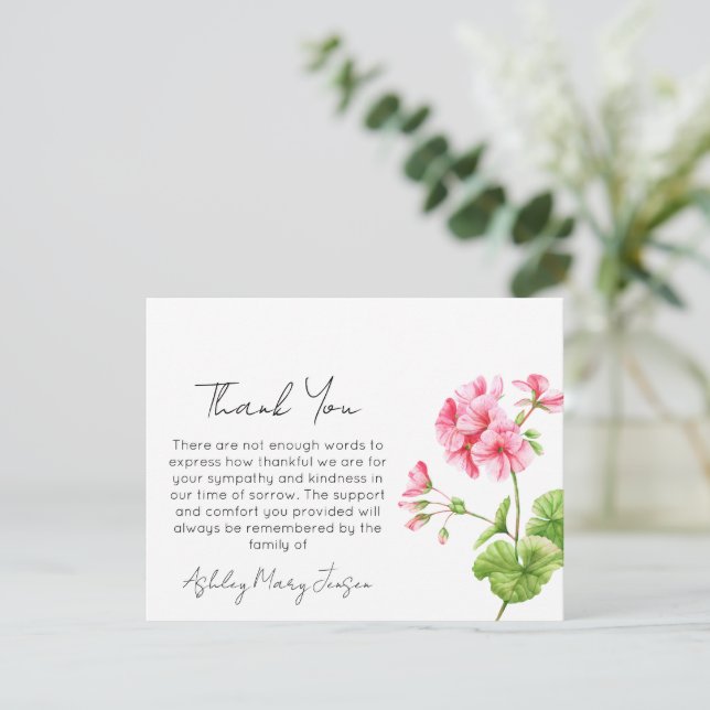 Geranium | Funeral Thank You Card Bereavement  (Standing Front)