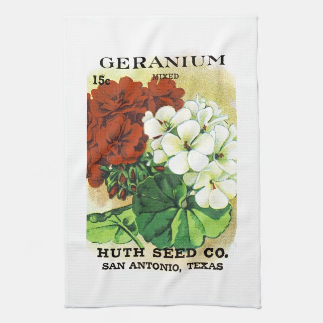 Geranium Seed Packet Label Tea Towel (Vertical)