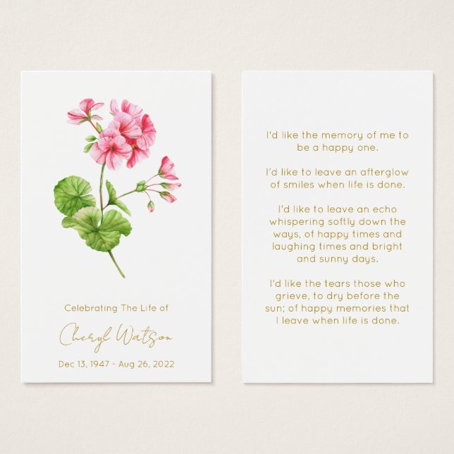 Geranium | Simple Funeral Memorial Prayer Card (Front & Back)